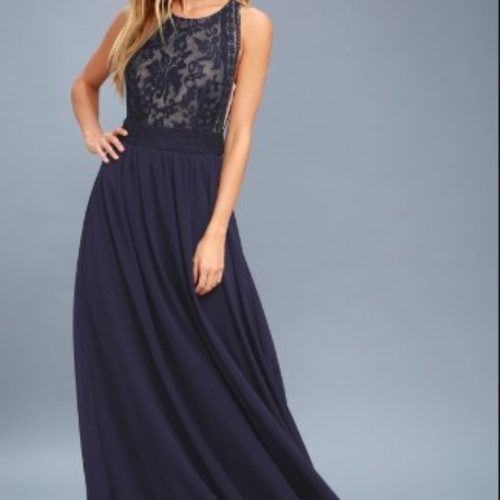 LULUS FOREVER AND ALWAYS NAVY BLUE LACE MAXI DRESS